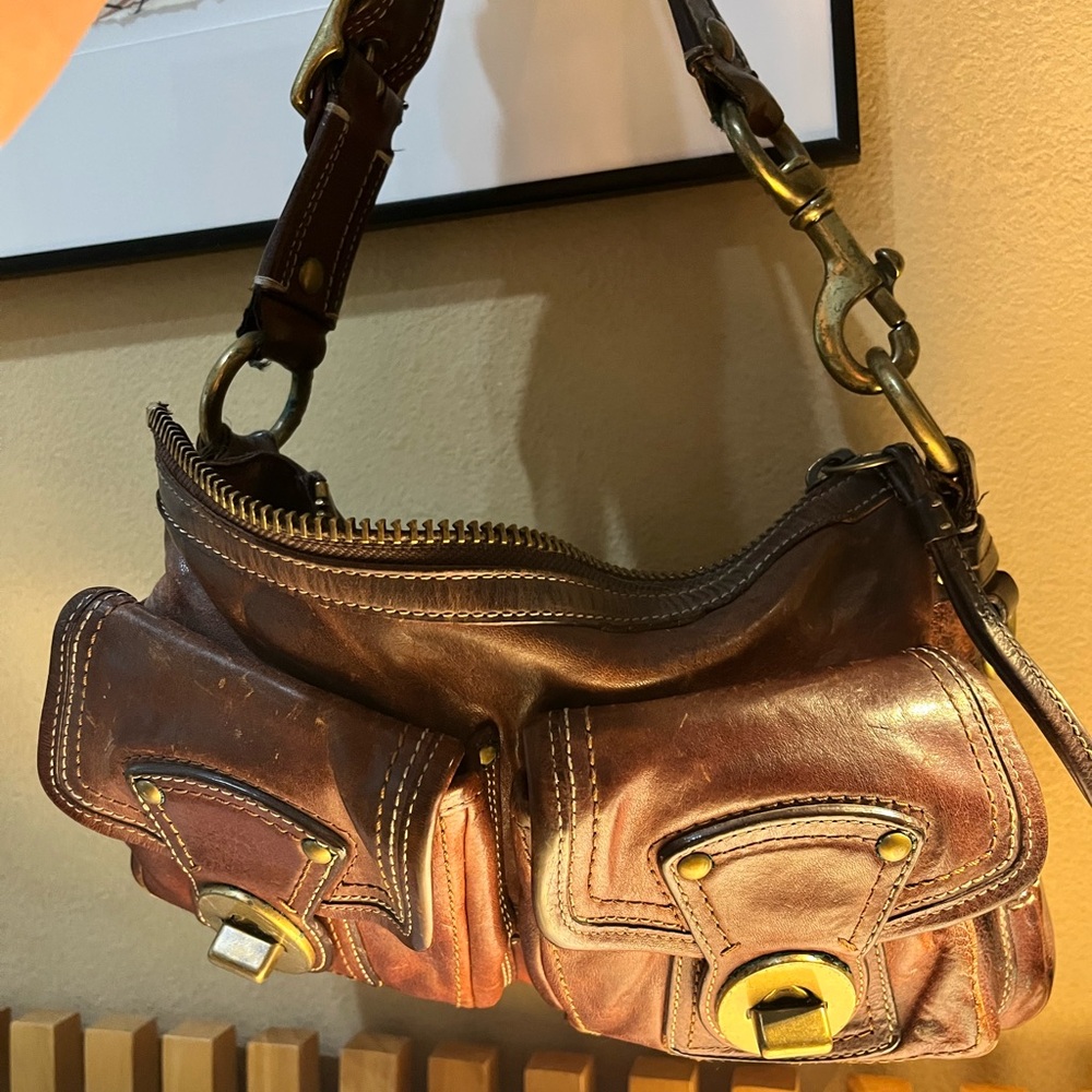 Coach Dark Brown Leather Shoulder Bag with Gold Accents